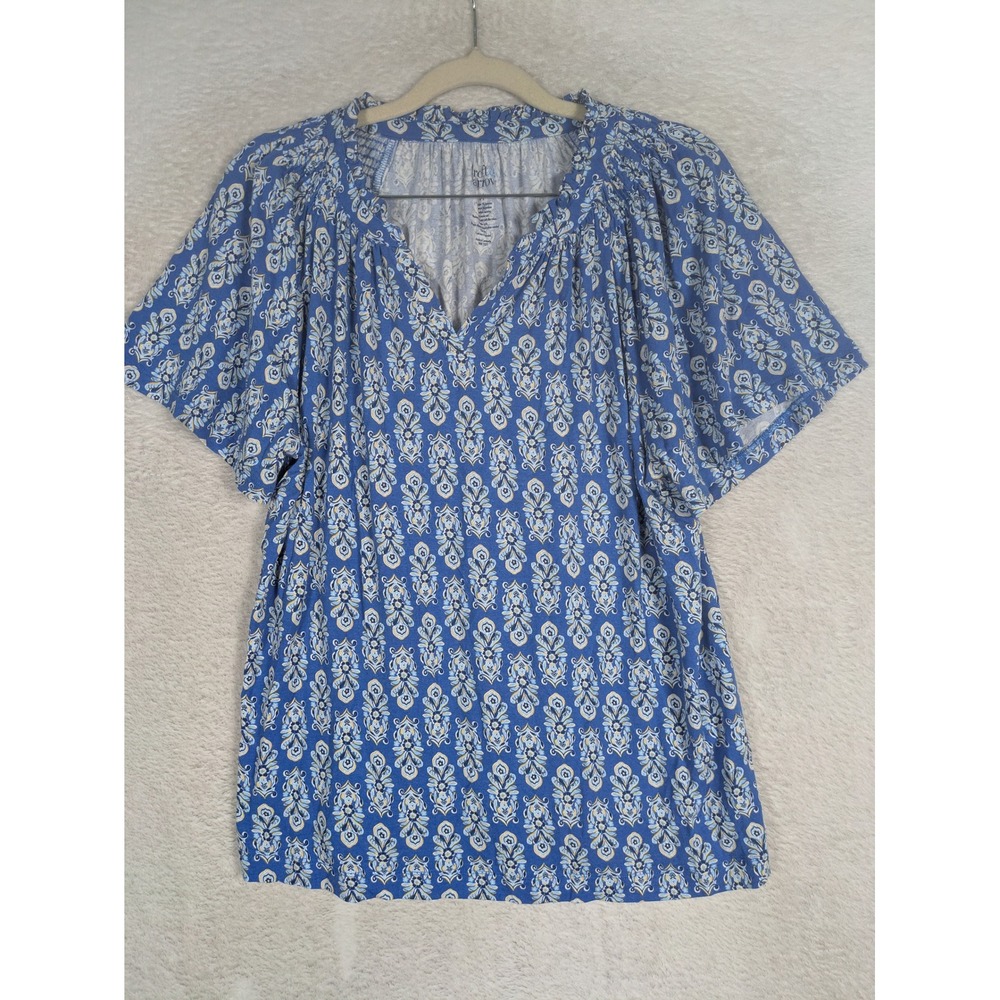 Croft & Barrow Blouse Women's M Blue Damask Short Flutter Sleeve V-Neck Ruffle